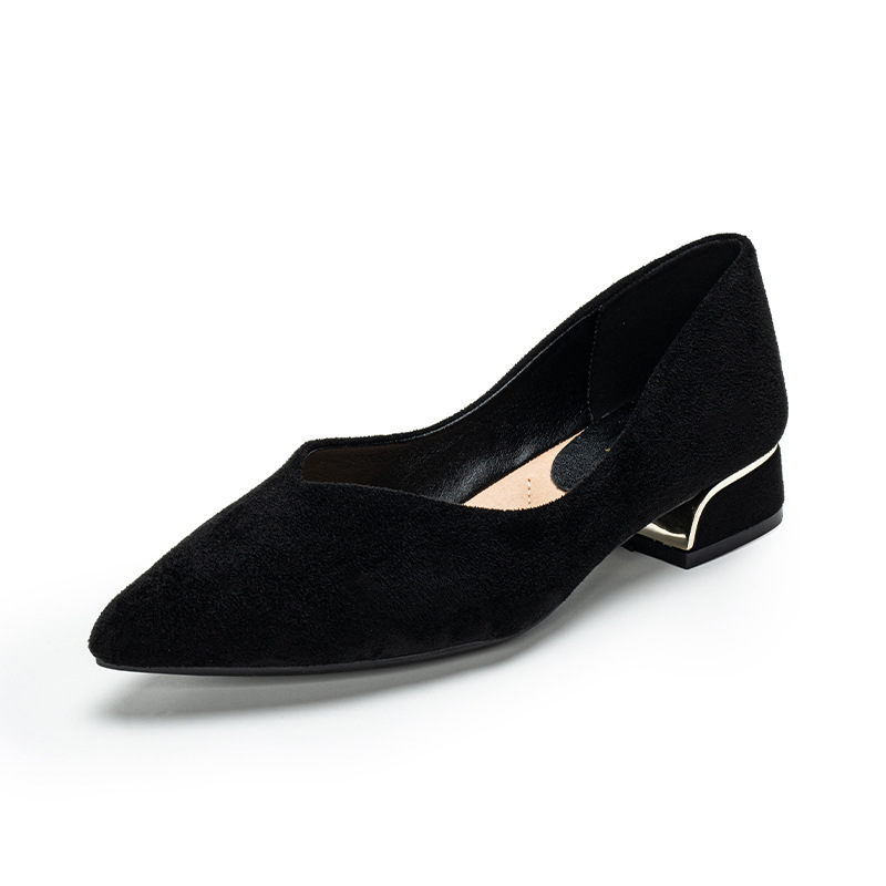 Leather Work Women Shoes - รองเท้าส้นเตี้ยหัวแหลมหนังกลับแบบสวมสำหรับผู้หญิง ไซส์ใหญ่ สไตล์เรียบง่าย เหมาะสำหรับใส่ทำงาน