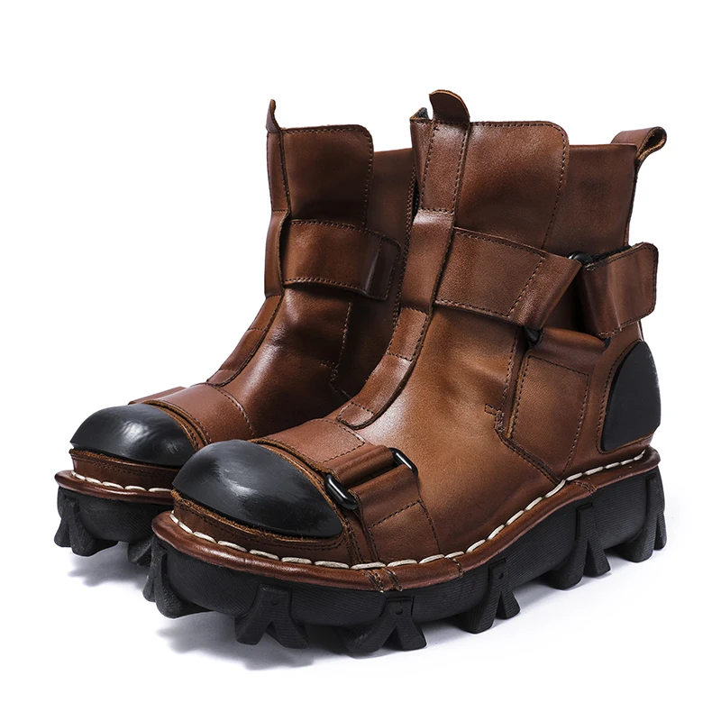 Leather Work Western - ผู้ชายรองเท้าหนังแท้,Goth Skull Punk กลางลูกวัว Western ทํางานรองเท้าบูทซิปแพลตฟอร์มกันลื่น