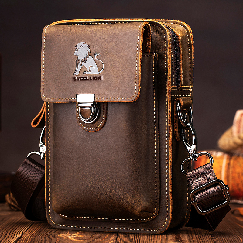 Leatherwork Fasteners - Crazy Horse Skin ผู้ชายสวมใส่เข็มขัดโทรศัพท์เอวกระเป๋า Cowhide ชั้นบน