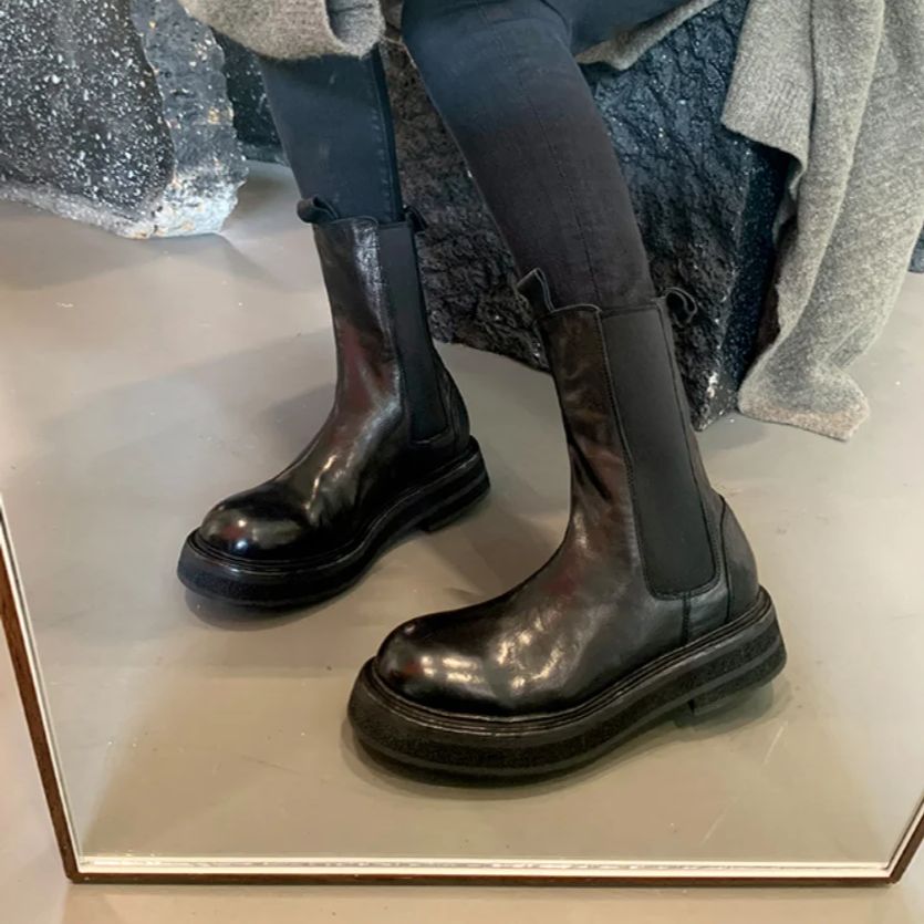 Leather Work Western - รองเท้าบูทหนัง PU ผู้หญิง สปริง 2026 ความยาวกลางน่อง