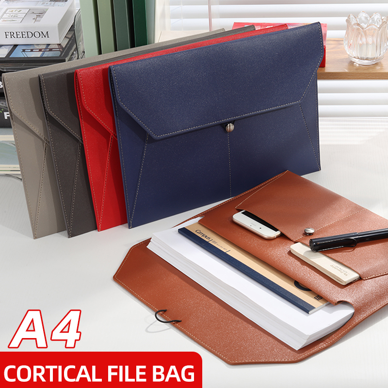 Leather Work Folder - กระเป๋าแฟ้มหนังธุรกิจ A4 มัลติฟังก์ชั่นหนีบโฟลเดอร์กันน้ําพร้อมหัวเข็มขัดเชือกข้อมูลหนาสําหรับใช้ในสํานักงาน