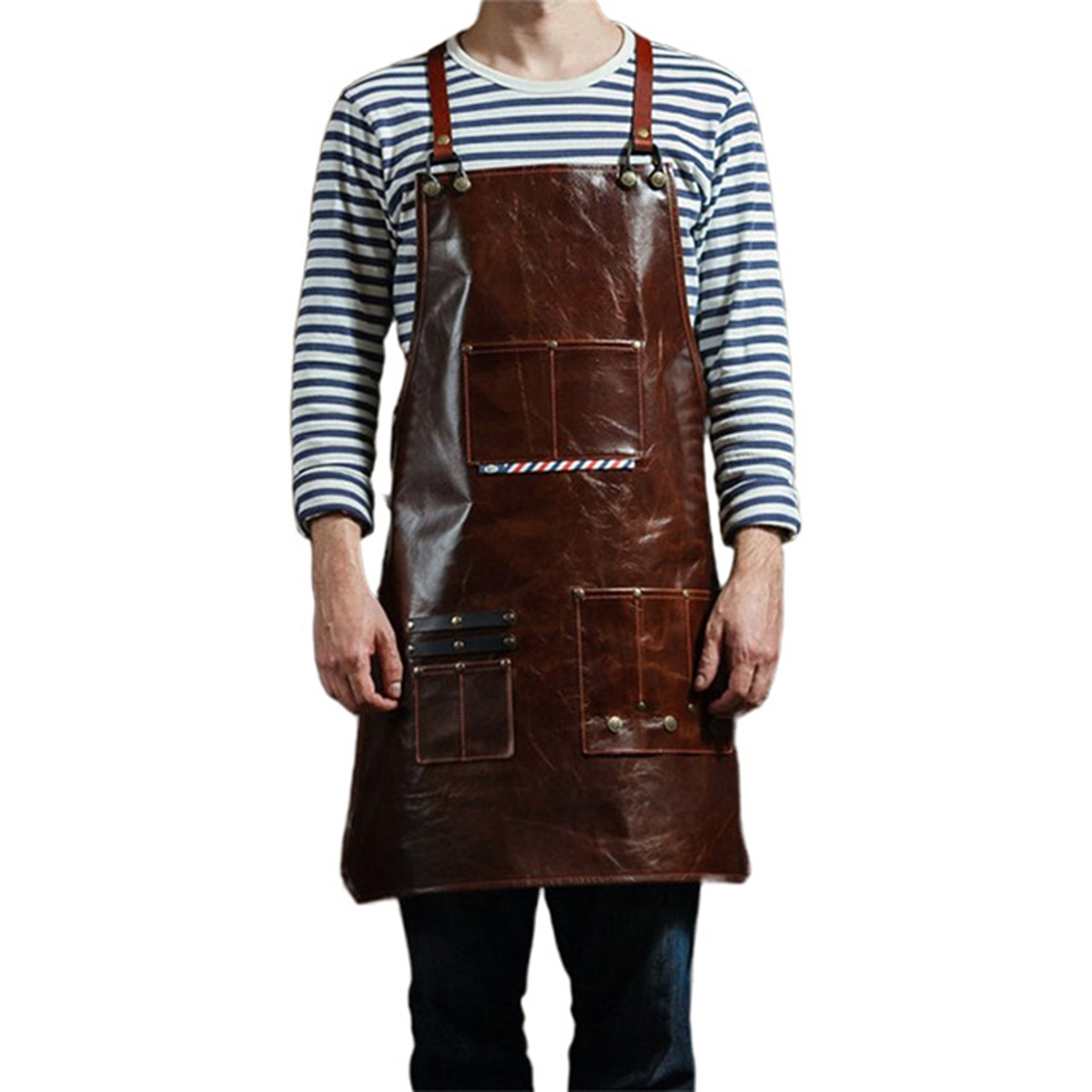 Leatherwork Apron - ผ้ากันเปื้อนหนังสำหรับผู้ชาย มีหลายช่องใส่ของ เหมาะสำหรับช่างตัดผม ร้านกาแฟ เชฟ สายรัดปรับได้