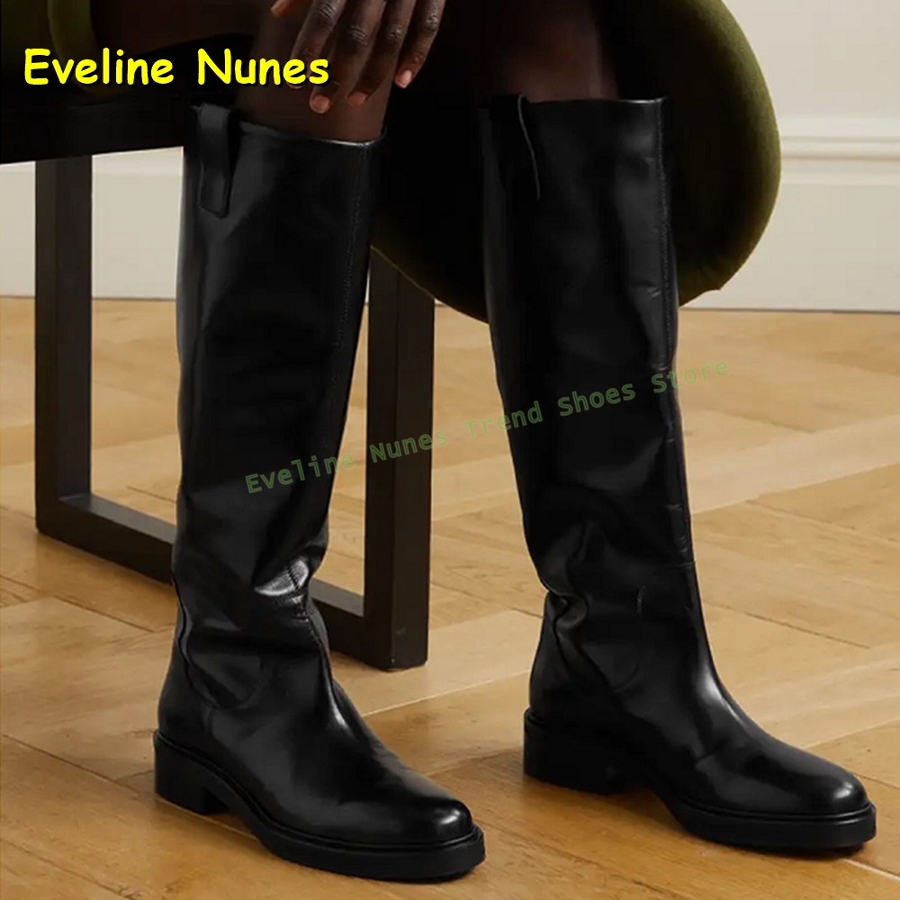 Leather Work Women Shoes - รองเท้าบูทหนังสีดำทรงสูงถึงเข่าสำหรับผู้หญิง หัวมน ส้นหนา เหมาะสำหรับใส่ทำงานในออฟฟิศและสวมใส่ลำลองในชีวิตประจำวันช่วงฤดูร้อน