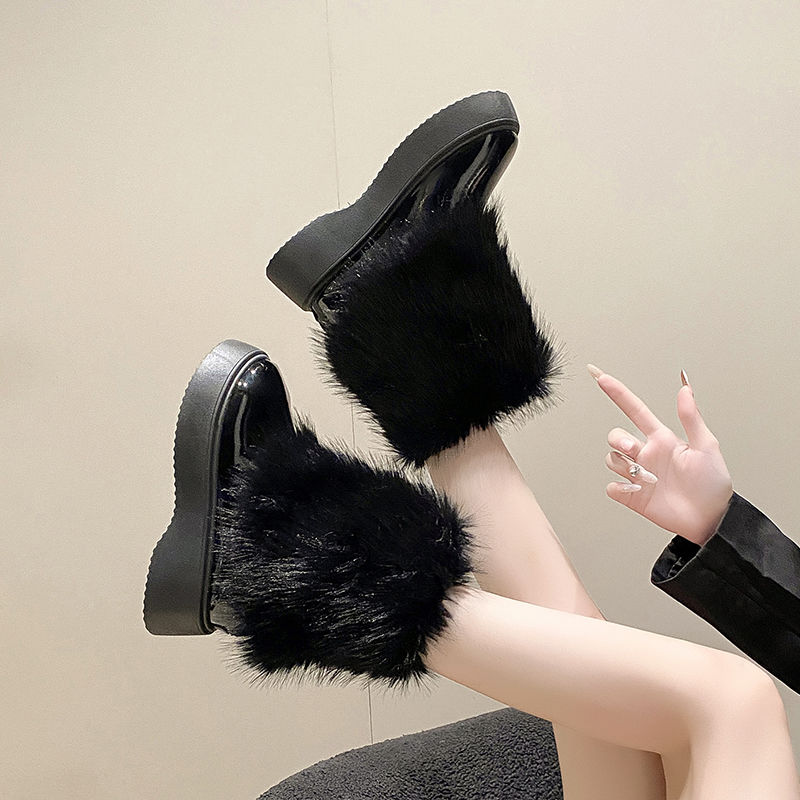 Leather Work Women Shoes - รองเท้าบูทส้นสูงแบบมีขน สำหรับผู้หญิง สีดำ แบบเรียบง่าย วัสดุหนัง บุขนแกะ