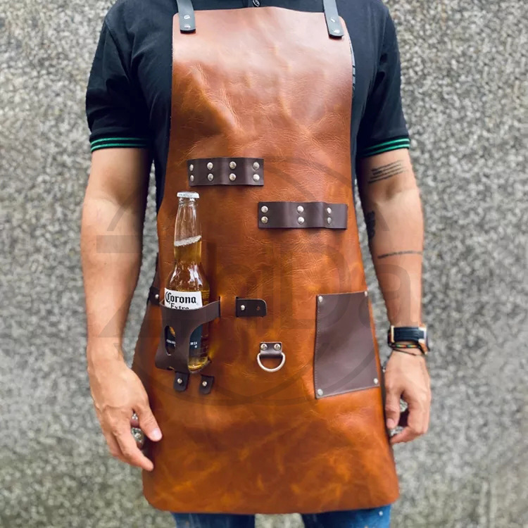 Leatherwork Apron - ผ้ากันเปื้อนหนังอเนกประสงค์พร้อมที่ใส่ขวด หนัง PU และหนัง Crazy Horse