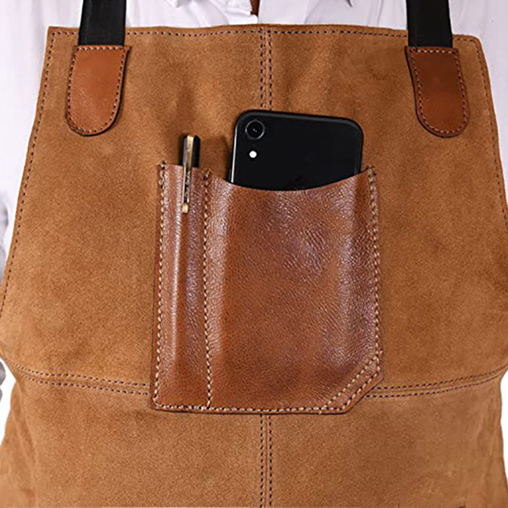 Leatherwork Apron - ผ้ากันเปื้อนทำงานกำมะหยี่สองด้านที่สวมใส่สบายพร้อมสายรัดปรับระดับได้ กระเป๋าหลายช่อง และหนัง PU สีตัดกัน 1