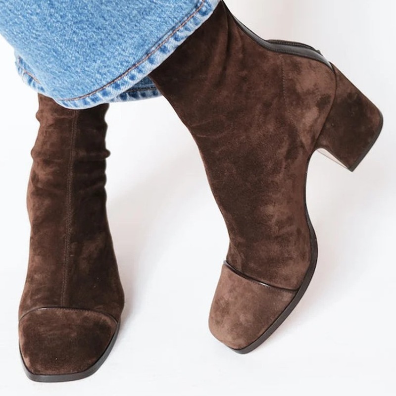 Leather Work Western - รองเท้าบูทหนังกลับสำหรับผู้หญิง หัวแหลม มีซิป รองเท้าบูทคาวบอยสไตล์ตะวันตก รองเท้าบูทข้อเท้าส้นหนา รองเท้าบูททำงาน