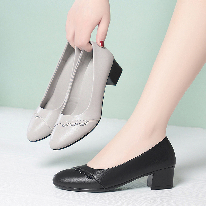 Leather Work Women Shoes - AIYUQI รองเท้าส้นเตี้ยหนังแท้สำหรับผู้หญิง รองเท้าทำงานส้นบล็อกหรูหรา รองเท้าสตรีประดับเพชรพลอย รองเท้าทำงานสำหรับผู้หญิง รองเท้าส้นกลางแบบสวม