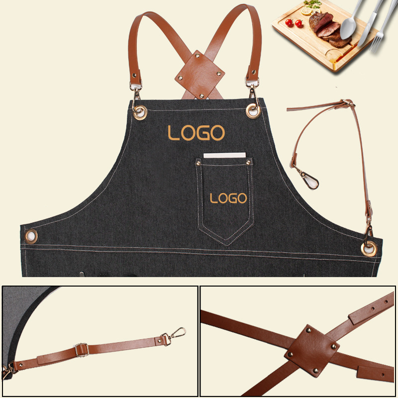 Leatherwork Apron - ผ้ากันเปื้อนยีนส์สายหนัง PU ลายดอกไม้ สำหรับบาริสต้า ช่างตัดผม ผู้หญิง