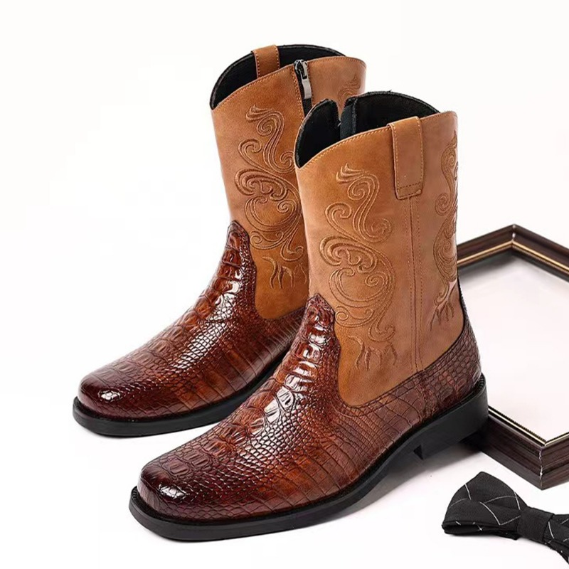 Leather Work Western - รองเท้าบูทผู้ชายปักลาย รองเท้าบูทคาวบอยสไตล์เรโทร รองเท้าบูทหนัง PU แบบใหม่ รองเท้าบูทสไตล์ตะวันตก