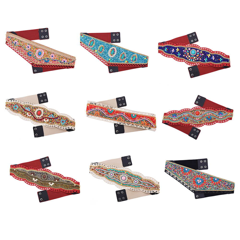 Leatherwork Jewelry - เข็มขัดประดับลูกปัดหลากสีสำหรับผู้หญิง สไตล์โบฮีเมียน ประดับด้วยหินเทอร์ควอยซ์ งานฝีมือ สายรัดเอวแบบยืดหยุ่น สไตล์ชาติพันธุ์
