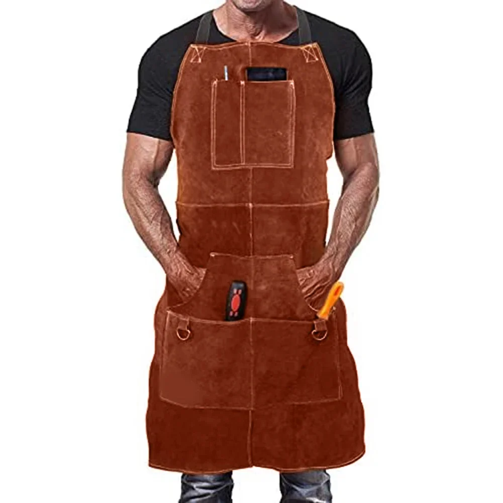 Leatherwork Apron - Cowhide หนังอุตสาหกรรมความร้อนและเปลวไฟผ้ากันเปื้อนหนังผ้ากันเปื้อนทํางาน 1.4 มม.หนา Cowhide หน้าอกถึงเข่าครอบคลุม