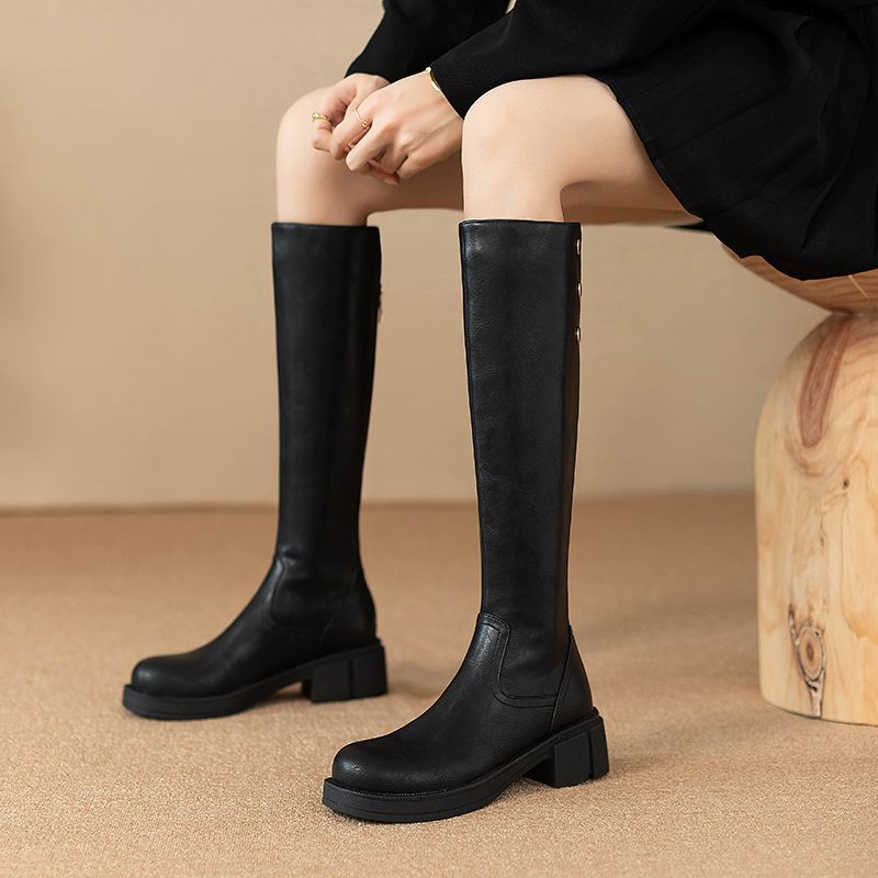 Leather Work Women Shoes - รองเท้าบูทผู้หญิงทรงสูงถึงเข่า ส้นกลาง สำหรับฤดูใบไม้ร่วงและฤดูหนาว กันน้ำ ผลิตจากหนัง PU