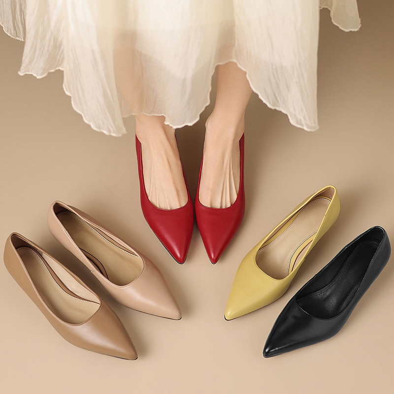 รองเท้าส้นกลางหัวแหลมหนังวัวแท - Leather Work Women Shoes บทวิจารณ์และราคา