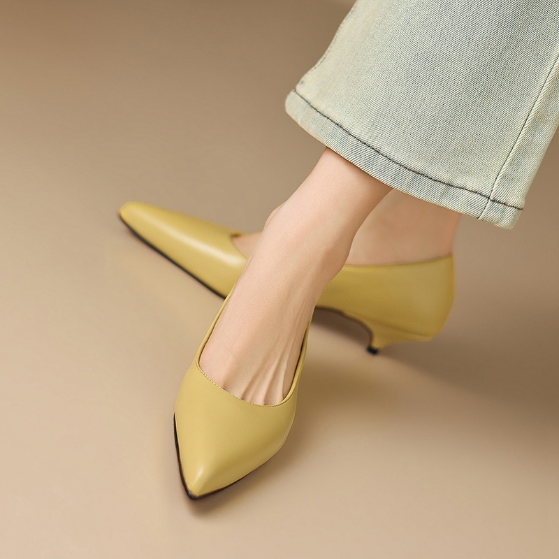 รองเท้าส้นกลางหัวแหลมหนังวัวแท - Leather Work Women Shoes บทวิจารณ์และราคา
